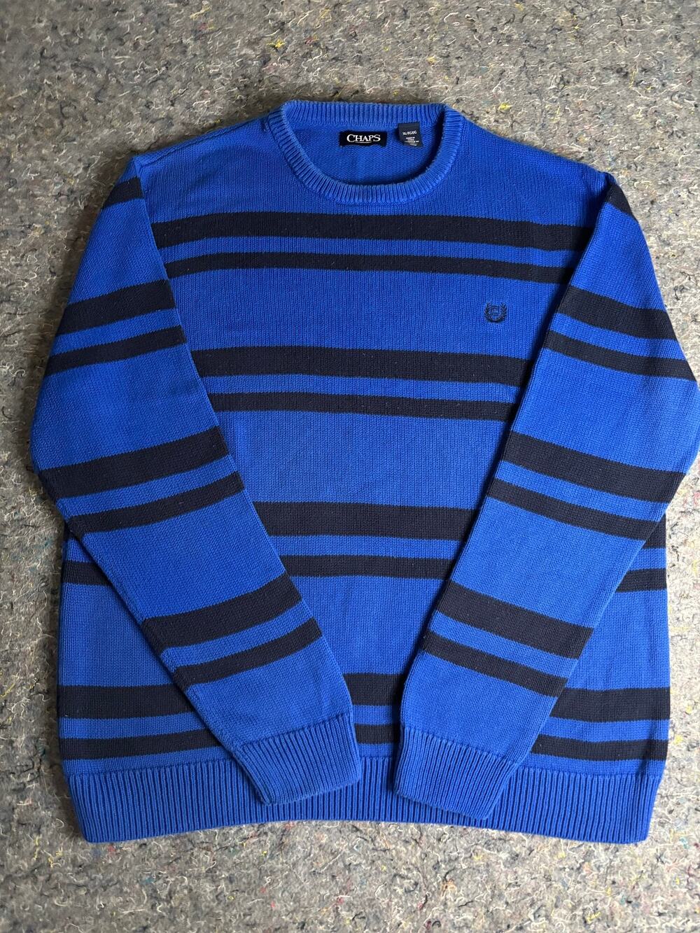 CHAPS Sweater Men XL/TG/EG Blue Navy Striped Cotton Long Sleeve Crew Neck #2042
